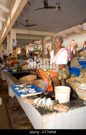 An Indian lady fishmonger at her stall in the market at Margao