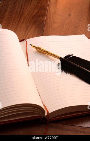 Antique quill pen on open book Stock Photo