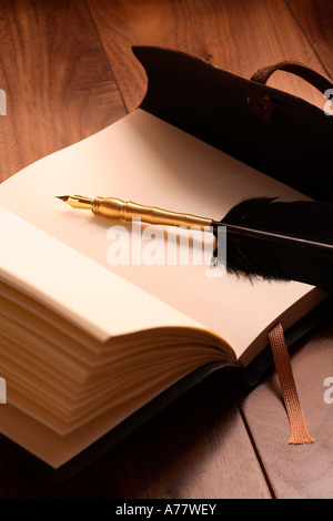 Open journal and feather quill Stock Photo