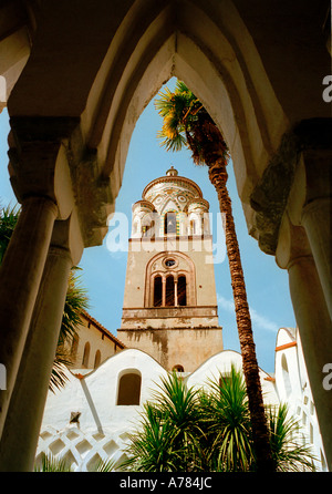 The campanile of the cathedral of St.Andrew at Amalfi, Italy, viewed from the cloisters of the Capuchin convent Stock Photo