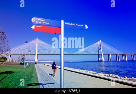 Riverside, river Tejo and bridge Vasco da Gama, Parque das Nacoes, Lisbon, Portugal Stock Photo