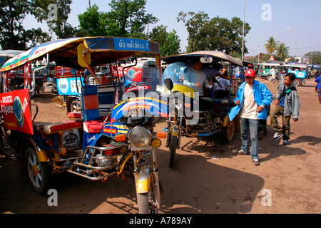 Laos Vientiane Talat Sao Morning Market motorcycle powered Tuk Tuk rickshaw Stock Photo