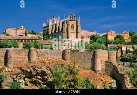 Cathedral and castle walls Toledo Castilla La Mancha Spain Europe Stock Photo