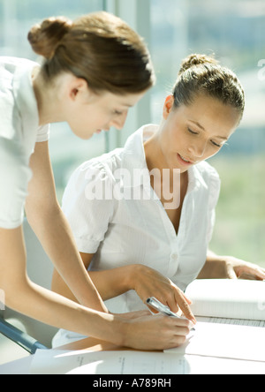 Two women discussing document together Stock Photo