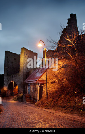 Rackarbacken road in North Eastern  part of walled medieval Hanseatic town of Visby by night. Gotland Baltic Sweden Stock Photo