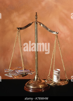 Pan balance set up as concept image to illustrate challenge being made to traditional cash transactions by credit and debit cards [n United Kingdom UK Stock Photo