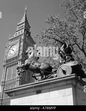 Westminster Big Ben clock tower and the Statue of Queen Boudica with chariot statue at the Houses of Parliament Stock Photo