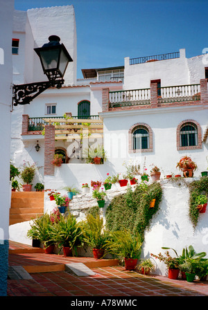 A great floral display in Calle Valencia in the hill village of Torrox, near Nerja, on the Costa del Sol, Malaga, Spain Stock Photo
