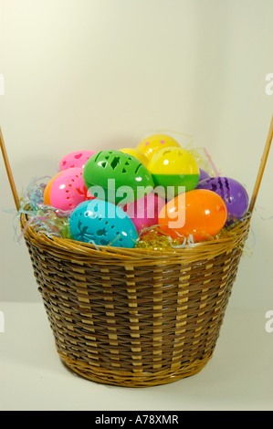 Multicolored plastic Easter eggs in which candy is placed inside and given to children in their Easter baskets Stock Photo