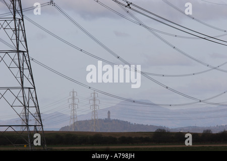 Pylons against Wallace Monument nearby which Scottish and Southern Energy's proposed Beauly to Denny line will pass Stock Photo