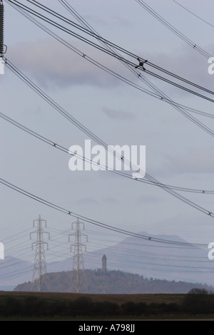 Pylons against Wallace Monument nearby which Scottish and Southern Energy's proposed Beauly to Denny line will pass Stock Photo