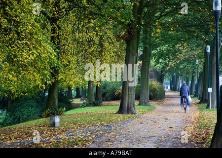 Cycling on a canalside path on an autumn day Bruges Belgium Stock Photo