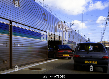 france cars loading onto le shuttle trains at channel tunnel eurotunnel terminal sangatte near calais france Stock Photo