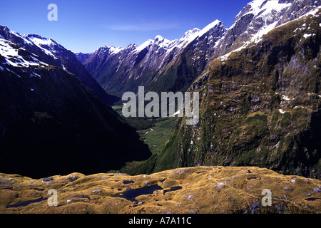 Mackinnon Pass shelter Clinton Canyon Milford Track Fiordland National Park aerial New Zealand Stock Photo