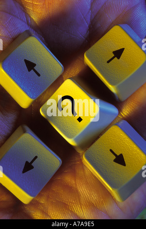 hand holding computer keyboard keys with directional arrows and question mark Stock Photo