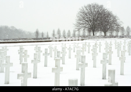 Crosses in Snow at the American Cemetery in Madingley, Cambridge UK Stock Photo