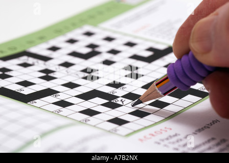 Filling in a Crossword with a   pencil Stock Photo