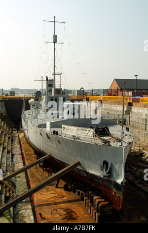 Monitor M33 1915 HMS Minerva Dry dock Portsmouth England UK The only remaining First World War small gun Moniter Stock Photo