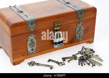 Many keys for unlocking a strong treasure box on white background Stock Photo