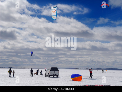 Family outing for snowkiting on Lake Simcoe Stock Photo