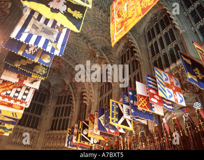 Westminster Abbey church of England interior Henry Vii Lady Chapel & heraldic banners coat of arms of knights of the Order of Bath London England UK Stock Photo