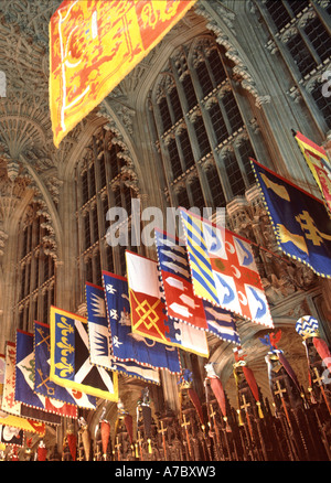 Westminster Abbey church of England interior Henry Vii Lady Chapel & heraldic banners coat of arms of knights of the Order of Bath London England UK Stock Photo