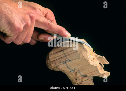 Puppet being carved from wood Stock Photo