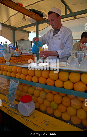 Orange juice stall freshly made in Place Jema al-Fna, Marrakech, Morocco, north Africa Stock Photo