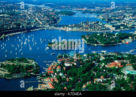 Overview of Stockholm with sailboats from above Djurgarden on Saltsjön waters which is a bay of the Baltic Sea Stock Photo