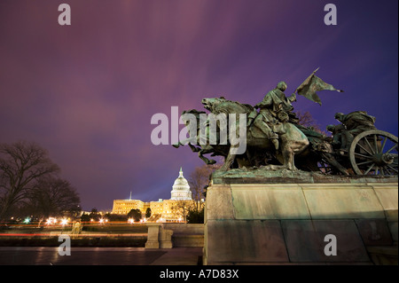 The Artillery Group in the Ulysses S Grant Civil War Memorial Washington DC from the West at dusk. Capitol in the background. Stock Photo