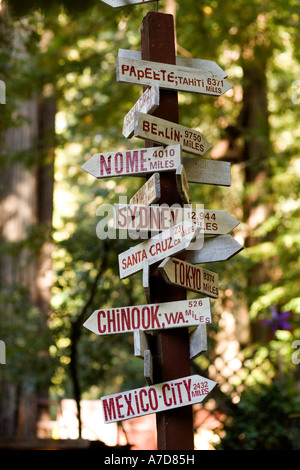 1000 places to see before you die: Signpost pointing to Papeete Berlin Nome Sydney Santa Cruz Tokyo Chinook Mexico City Stock Photo