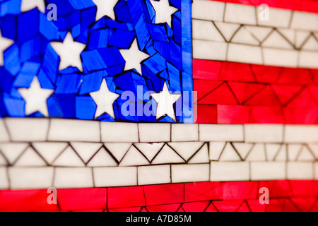Back lit Tiffany stained glass window with American flag decor. Chicago USA. Detail. Stock Photo