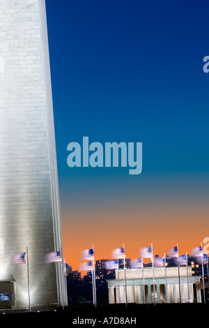 Washington Monument with Lincoln memorial in the background at dusk. Stock Photo
