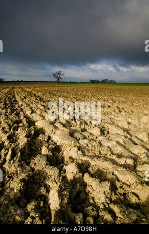 storm clouds gather over ploughed field and agricultural landsacpe in rural Essex in winter Stock Photo