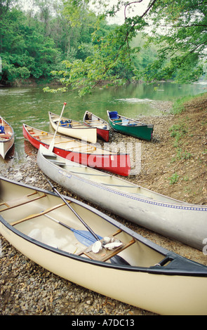 Canoes on the shore of Middle Fork of the Vermilion river a designated national scenic river Kickakpoo State Park Illinois Stock Photo