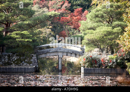 Red bridge over water in woodland Stock Photo - Alamy