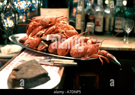Paris France, Cooked Food on a Plate Lobsters from Brittany, French Restaurant "Aux Crus Bourgogne" Seafood, gastronomy, Inside Paris restaurants Stock Photo