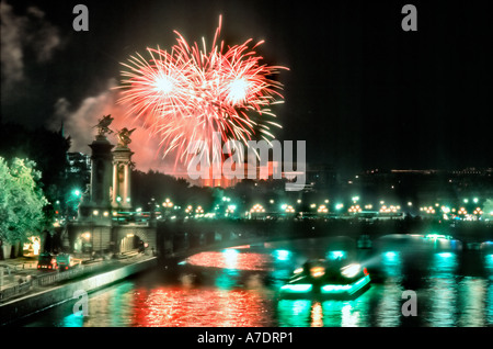 Paris France, Public Events '14th July' 'Bastille D-ay' Fireworks on Seine River Over 'Pont Alexandre III' Bridge Stock Photo