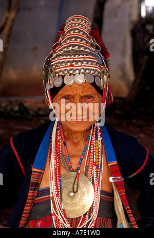 1, one, Akha woman, Akha, woman, old woman, mature woman, ethnic group, ethnic minority, hill tribe, Chiang Mai Province, Thailand, Southest Asia Stock Photo