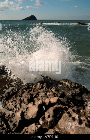 Waves crashing into rocks Wembury Devon UK Stock Photo