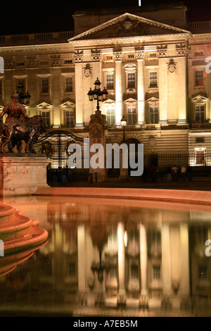 Buckingham Palace reflections at night with the New Illumination Installed, London, UK Stock Photo