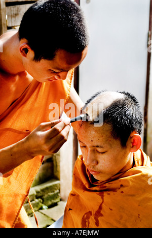 A young Buddhist novice monk shaves the haed of another novice monk Stock Photo