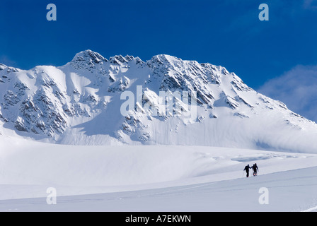 Skinning up the Asulkan Glacier, near Young's Peak, Rogers Pass, Selkirk Mountains, Canadian Rockies, British Columbia, Canada Stock Photo