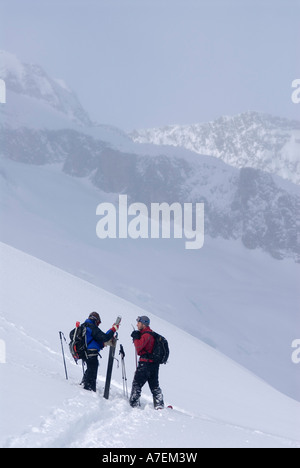 Skiers skinning up after a ski run on the Asulkan Glacier, Rogers Pass area, Selkirk Mountains, Canadian Rockies, BC, Canada Stock Photo