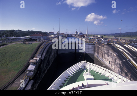 Panama, Panama Canal. Royal Princess entering Gatun Lock.  Gates to the first start to open. Stock Photo