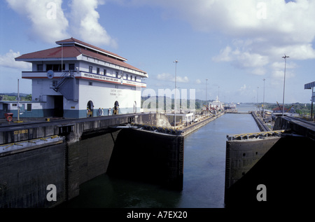 Panama, Panama Canal, Gatun Lock. Royal Princess, leaving; canal gates closing behind her; control house on left Stock Photo