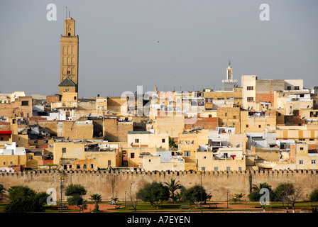 View of the old town with minaret and ancient city walls Morocco Stock Photo