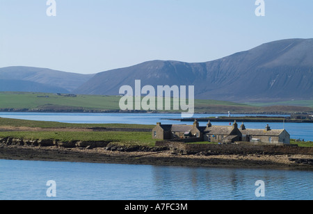 dh Inner Holm STROMNESS ORKNEY Cottages on island at entrance to Hamnavoe and Hoy Hills Stock Photo