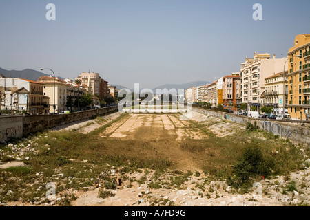 Dry Guadalmedina river bed running through centre of Malaga city Spain Stock Photo