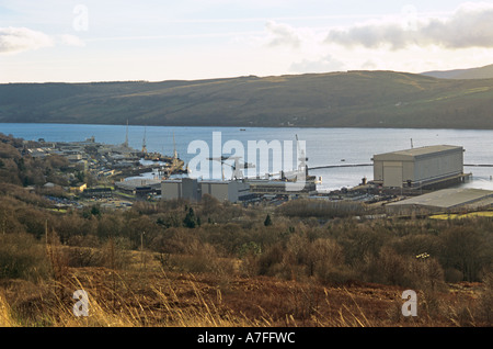 GARELOCHHEAD ARGYLL SCOTLAND UK February Looking down on HM Naval Base Clyde at Faslane Port Royal Navy's main presence in Scotland home of submarine Stock Photo